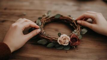 Creating a natural floral crown with dried flowers and foliage indoors photo