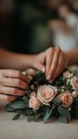 Creating a floral arrangement with pink roses and greenery indoors photo
