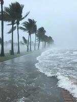 Strong winds and rough waves from hurricane weather along the coastline photo