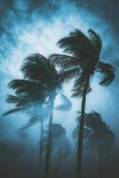 Strong winds whip through palm trees during a hurricane at dusk photo