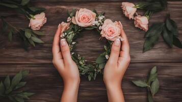 Creating a delicate floral crown with pink roses and greenery photo