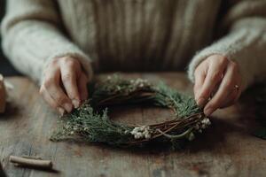 Making a seasonal wreath with greenery and delicate flowers at home photo