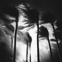 Strong winds bend palm trees during a hurricane in a coastal area photo