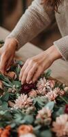 Creating a floral arrangement with fresh flowers on a wooden table photo