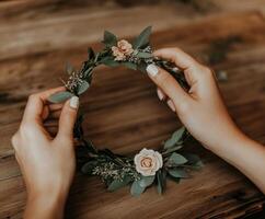 Creating a delicate floral crown with fresh leaves and blooms at home photo
