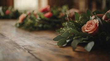 Beautiful floral arrangements on wooden table for a special event photo