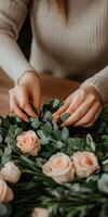 Creating a floral arrangement with pink roses and eucalyptus in autumn photo