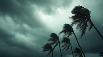 Hurricane winds sway palm trees in a stormy sky photo