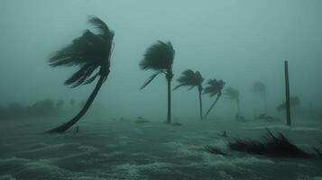 Strong winds and heavy rain from a hurricane impacting coastal area photo