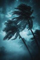 Hurricane winds uproot palm trees under dark stormy skies at night photo