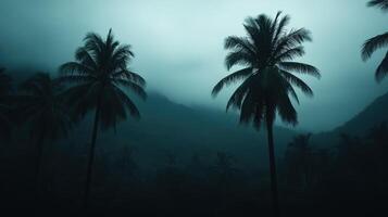 Darkened landscape with palm trees during a hurricane in a tropical region photo
