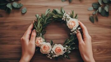 Creating a floral crown with roses and greenery on a wooden table photo