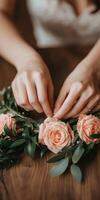 Preparing a floral crown with pink roses and greenery on a wooden table photo