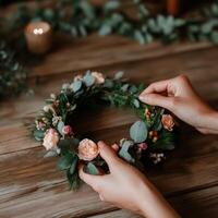 Creating a delicate floral crown with soft hues and greenery indoors photo