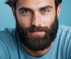 Bearded man with blue eyes wearing a casual shirt against a blue background photo