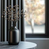 A modern black vase with dried flowers on a marble table near a window photo
