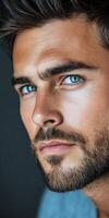 Close-up portrait of a man with striking blue eyes and a rugged beard photo