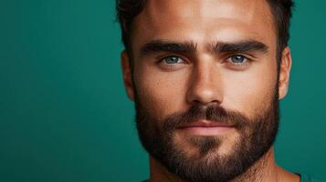 A man with a beard and striking blue eyes poses against a teal backdrop photo