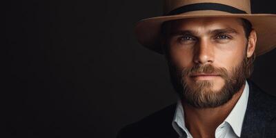 Stylish man in a hat poses elegantly against a dark background photo