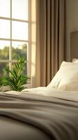 Soft morning light illuminating a cozy bedroom with plants photo