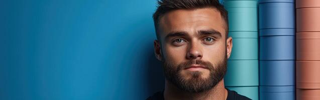 Young man with a beard poses against a colorful background in a studio photo