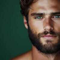 Man with green eyes and a beard on a dark background photo