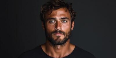 A young man with a beard and blue eyes poses against a dark background photo