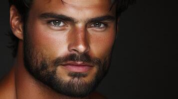 Close-up of a young man with striking features and intense gaze photo
