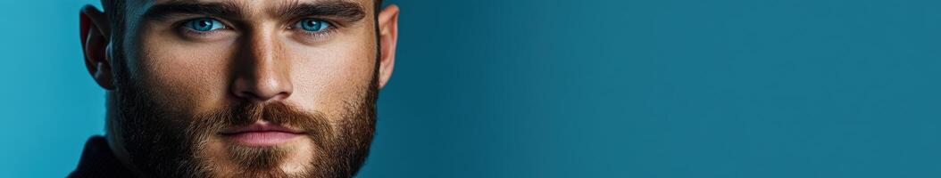 Bearded man with blue eyes and neutral expression on blue backdrop photo