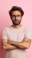 Man with sad expression poses against a pink background indoors photo