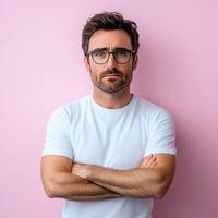 Sad man with crossed arms against a pink background in a casual setting photo