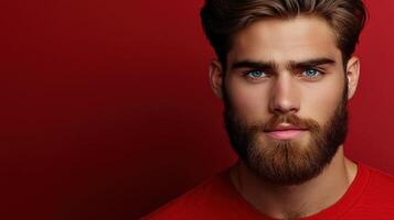 Young man with a stylish beard and blue eyes on a red backdrop photo