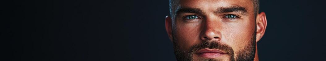 Close-up of a man with striking blue eyes and beard against dark background photo