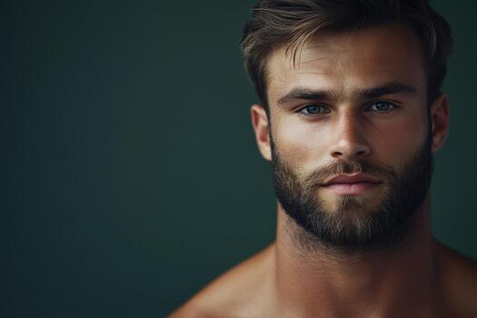 Young man with a beard poses confidently against a dark background photo