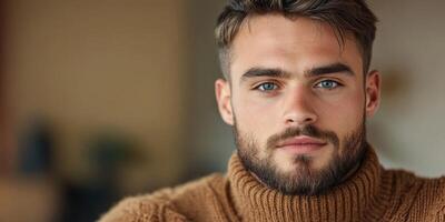 Young man with blue eyes and beard wearing a sweater indoors photo