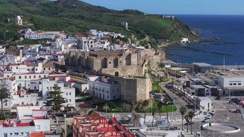 Aerial View of Tarifa with Guzman Castle and Atlantic Ocean video