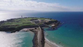 Aerial View of Tarifa, Spain with Isla de las Palomas Lighthouse video
