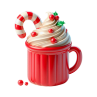 3d sweet hot chocolate decorated with marshmallow topping and striped candy cane in red ceramic mug png