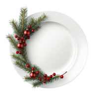 christmas plate with fir branch and red berries on a white plate png