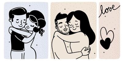 Cute couples hugging. doodle set with lettering. Happy Valentine's Day vector