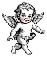 Vintage Cupid or little angel with rosy cheeks. Black and white engraving. isolated illustration vector