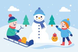 Children Building a Snowman in Winter vector