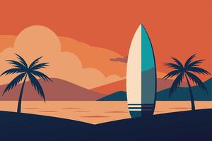 Minimal Surfboard Standing Upright with Tropical Patterns vector