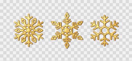 Sparkling snowflakes of gold metal realistic color icons set. Spirit of winter holidays symbolizing Christmas 3d objects bundle vector