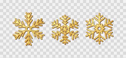 Golden snowflakes shining brightly realistic color icons set. Festive elegant winter Christmas design elements 3d objects bundle vector