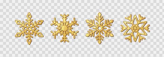 Shiny golden snowflakes with different shapes realistic color icons set. Elegant Christmas decorations 3d objects bundle on background vector