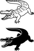 Crocodile Icons. Black And White Illustrations. Caiman, Alligator. Reptile With Open Toothy Mouth. For Coloring Book Design. Animal Concept vector