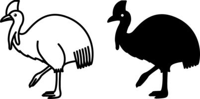 Cassowary Icons. Black and White Illustrations. Flightless Large Tropical Bird. Cassowary with Long Legs, Feathers, Beak, and Crest on Head. For Coloring Book Design. Animal Concept vector