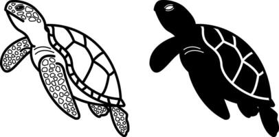 Turtle Icons. Black and White Illustration. Reptile, Turtle with Shell. Symbol of Wealth, Long Life, and Fertility. For Coloring Book Design. Aquatic Animal Concept vector