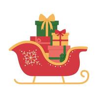 Christmas Santa Claus sleigh with gift boxes with bows. Holiday presents in red and yellow sledge with snowflake. Xmas and New Year celebration. Flat illustration isolated on white background vector